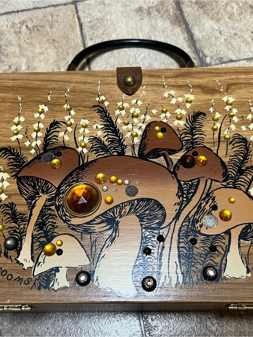 Collectible Mid-century Enid Collins of TX Hand-Painted Jeweled Wood Box Purse - Picture 1 of 4